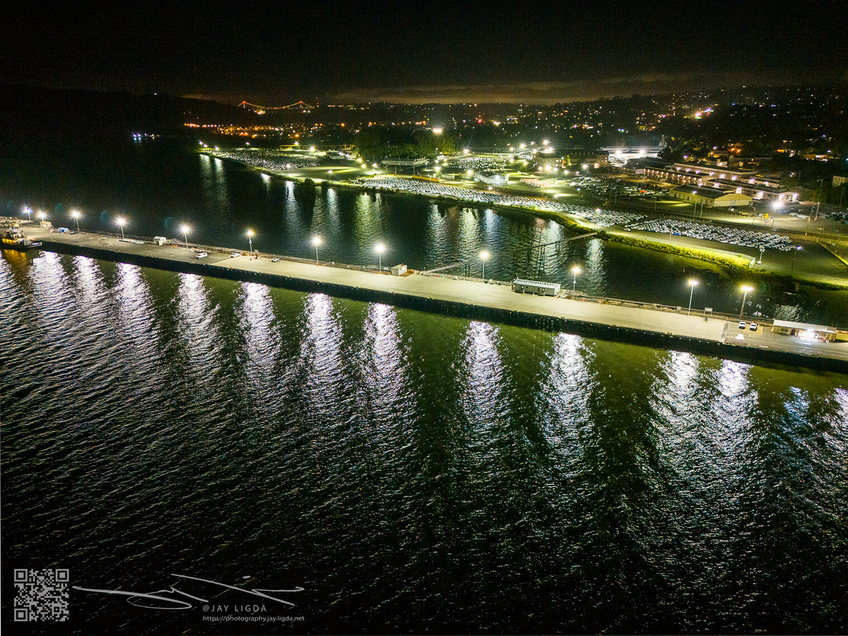 Aerial View of Dock Lights at Night